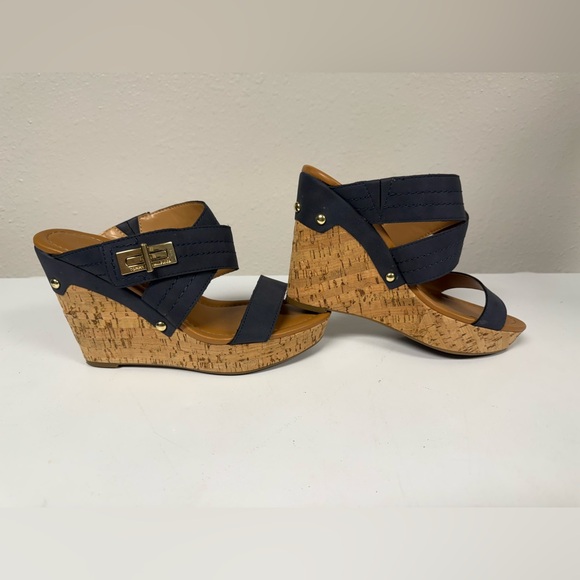 Tommy Hilfiger Mili 2 Wedge Sandal Blue Navy Strap Gold Heel Women 8.5 M - Picture 2 of 9
